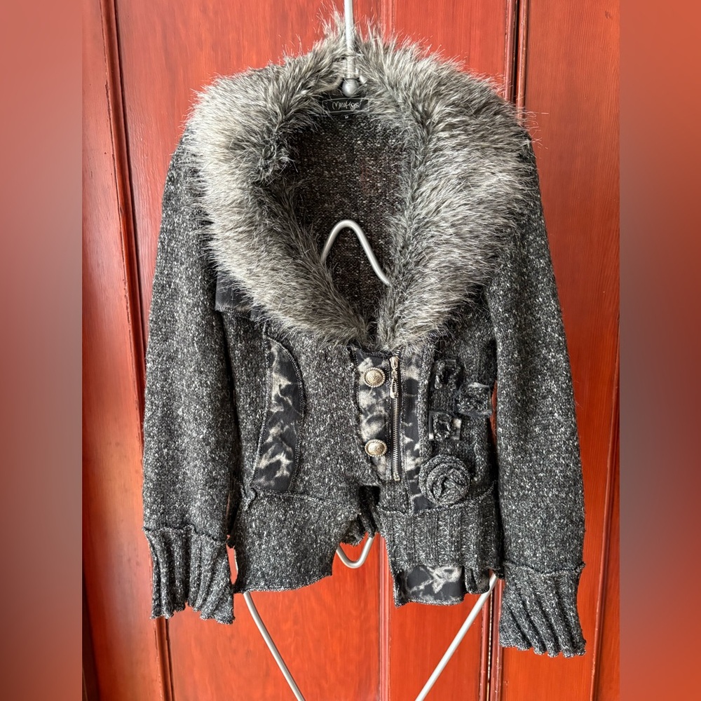 SOLD Y2K Maximalist Faux Fur Collared Rosette Leopard Patchwork Knit Sweater